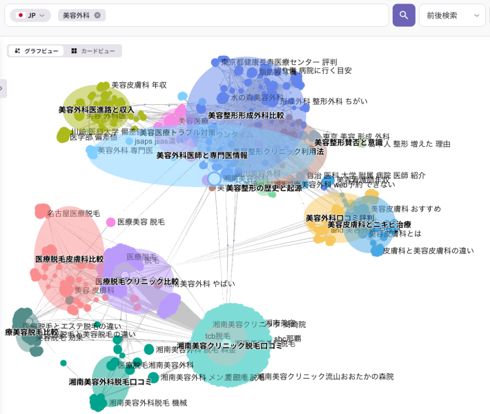検索意図分析ツール「リスニングマインド」のペルソナビュー画面。「美容外科」の検索データを基に、医療脱毛、ニキビ治療、専門医情報、トラブル対策など、ユーザーの主な関心事をカテゴリー別にクラスタリングして可視化した図。