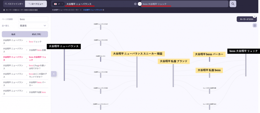 ロードビューでニューバランスからbossへの経路を検索