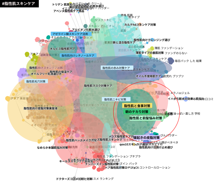クラスターファインダーで脂性肌スキンケアの前後に検索されているキーワードから目的や悩み、連想されるブランドを抽出した図
