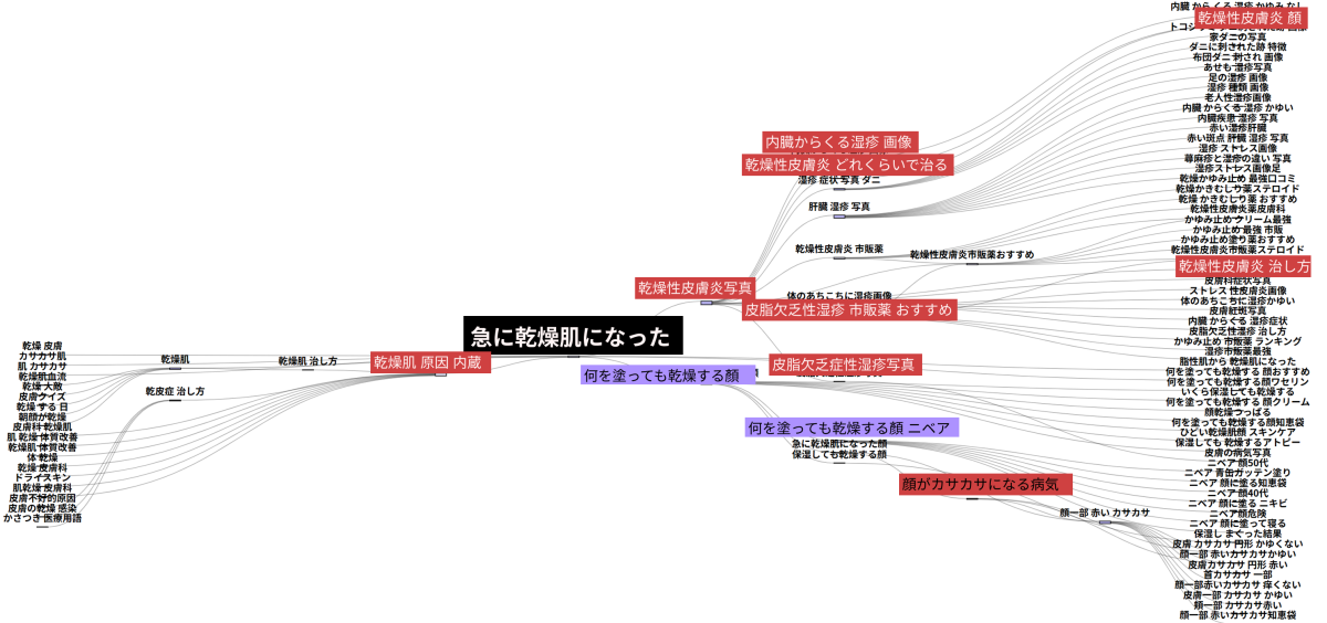 パスファインダーで急に乾燥肌になったと検索している消費者の検索経路を可視化した図