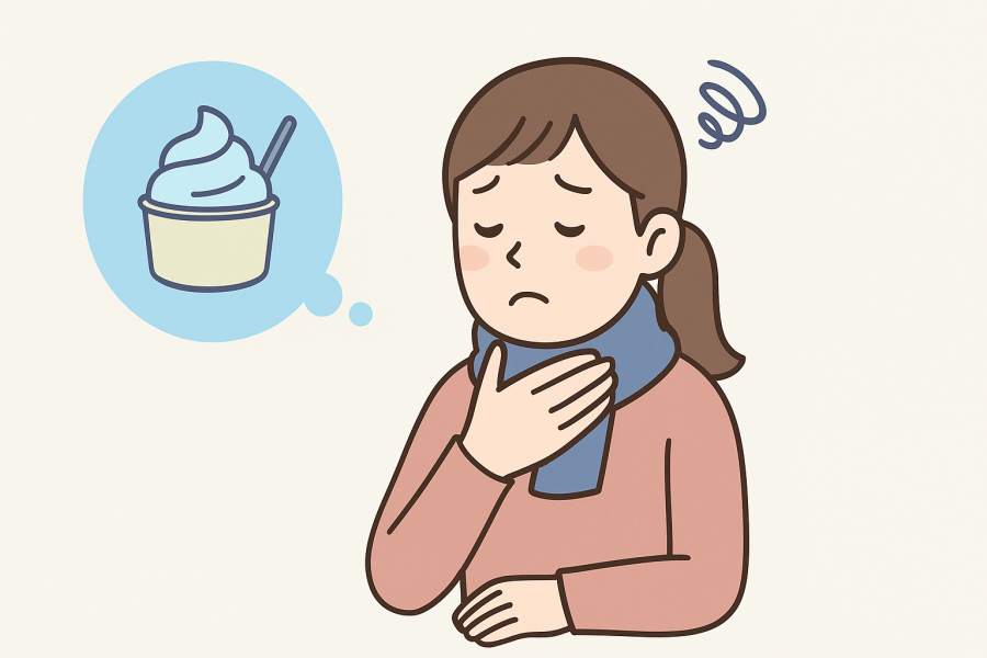 喉が痛いときにアイスを思い浮かべる生活者のイラスト