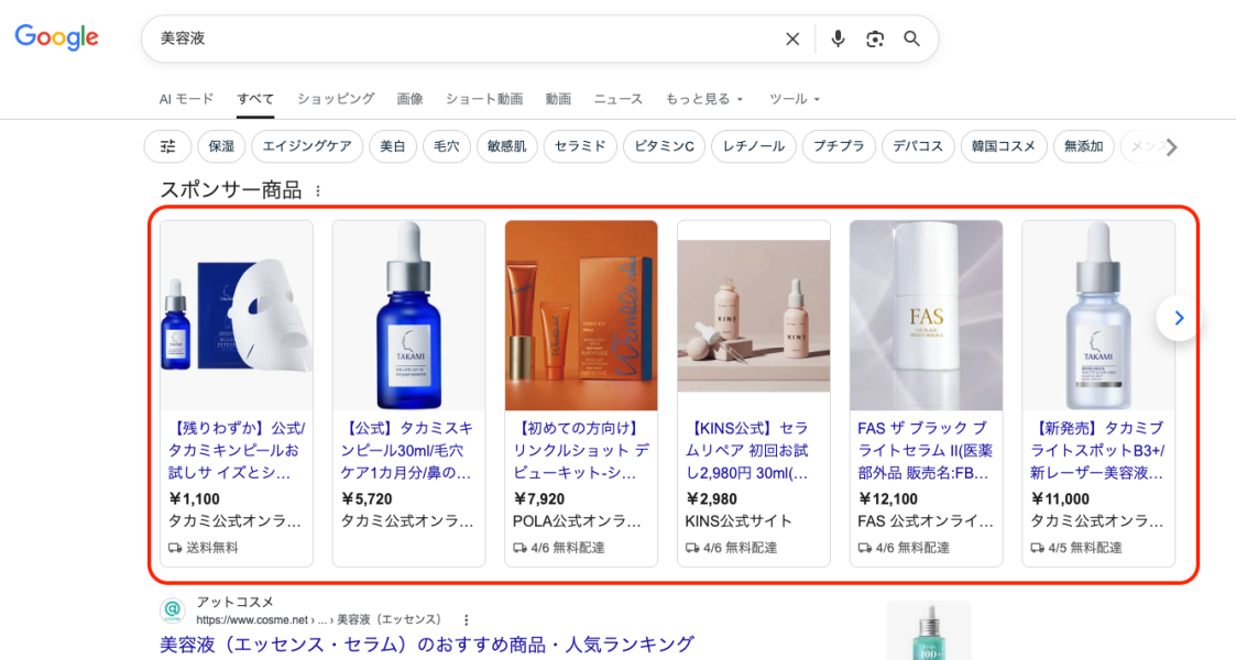 「美容液」と検索した際に表示されるGoogleのスポンサー商品枠。複数の美容液商品がカード形式で横並びに表示され、商品画像・価格・ショップ情報・配送情報などが一覧で確認できる。