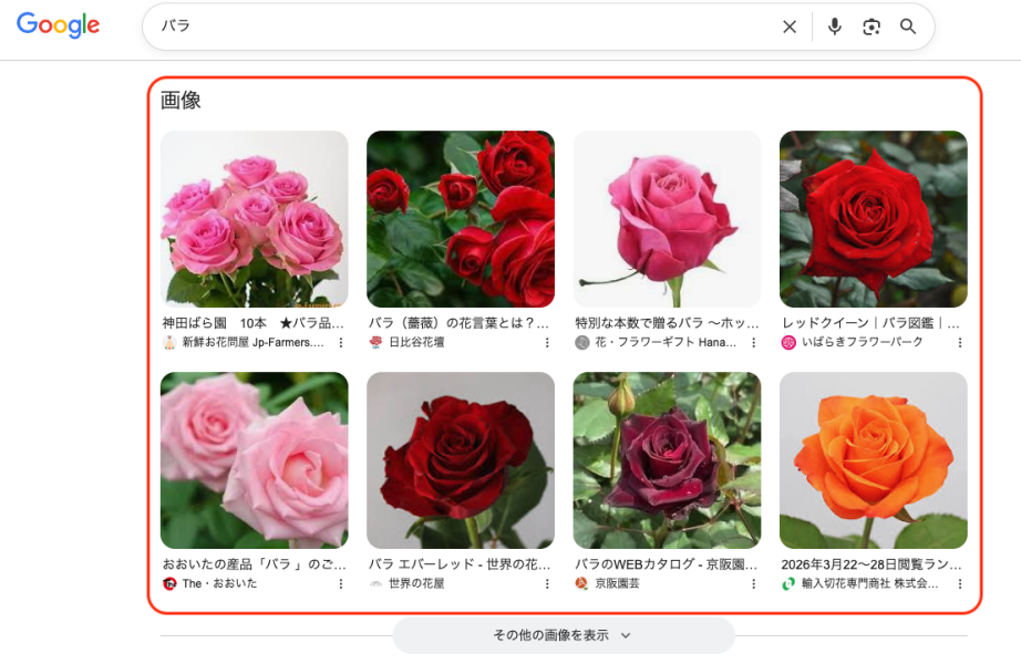 「バラ」と検索した際に表示されるGoogleの画像検索結果。赤やピンク、オレンジなど様々な色のバラの写真がグリッド形式で並び、各画像に関連サイトや商品情報が付随している。