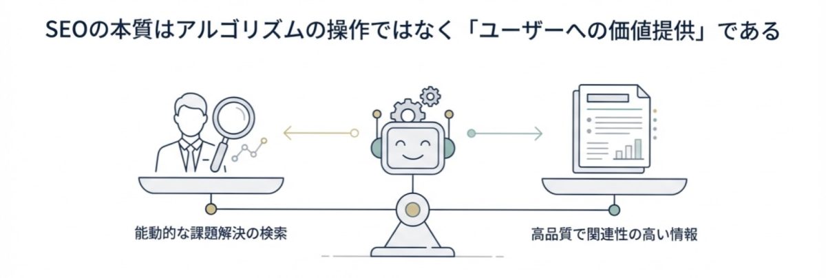 SEOの本質はアルゴリズムの操作ではなく「ユーザーへの価値提供」であることを示す図。中央にロボット(検索エンジン)を配置し、左に「能動的な課題解決の検索」、右に「高品質で関連性の高い情報」を接続している。下部にはSEOのメリット(低コストでの継続的な集客、高い購買意図、ブランド信頼性の向上)とデメリット(成果まで3〜6ヶ月、アルゴリズム変動リスク、継続的な運用が必要)が整理されている。