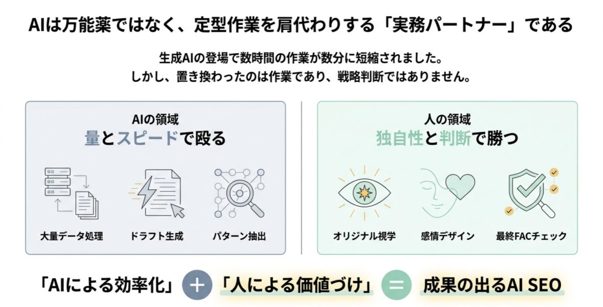 AIは万能ではなく定型作業を担う役割、人は独自性や判断で価値を出す役割であることを示した図
