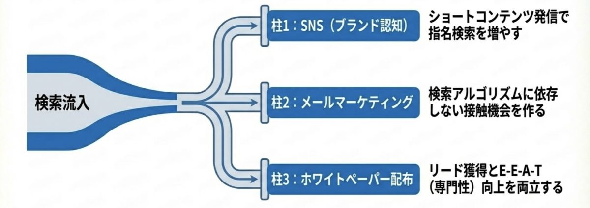 ゼロクリック時代における代替流入チャネル3本柱の図解。検索流入を起点に、柱1：SNS（ショートコンテンツ発信で指名検索を増やす）、柱2：メールマーケティング（検索アルゴリズムに依存しない接触機会を作る）、柱3：ホワイトペーパー配布（リード獲得とE-E-A-T向上を両立する）に分岐する構造を示している。