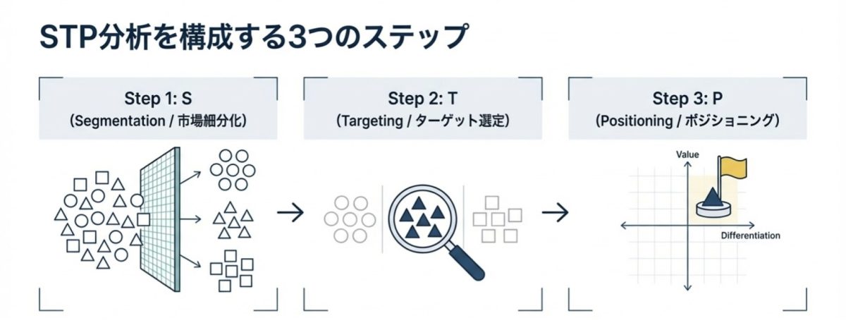STP分析の3ステップ（Segmentation・Targeting・Positioning）を示す図。市場を細分化し、ターゲットを選定し、価値と差別化の観点でポジショニングを決定する一連の流れを視覚的に説明している。