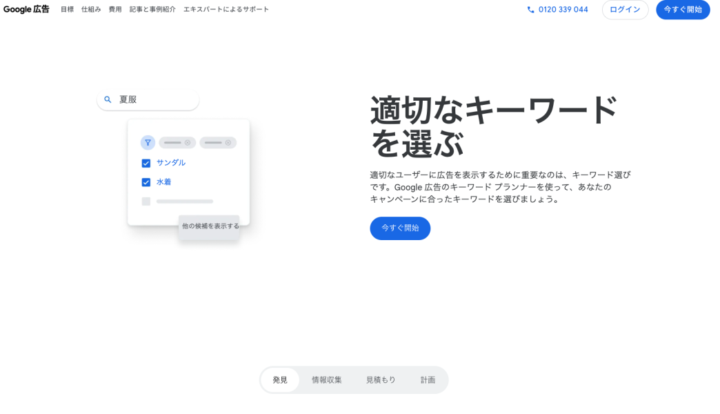 Google広告のキーワード選定画面のイメージ。検索語に関連する候補キーワードを選択し、ユーザーに適切な広告を表示するためのキーワードプランニングの重要性を説明している。