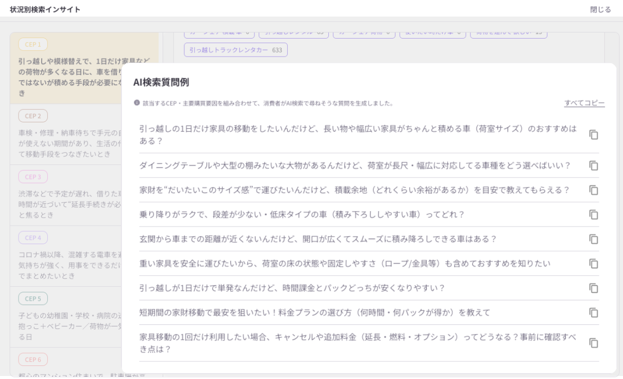 CEPと購入条件から生成されたAI検索の想定質問例を表示した画面