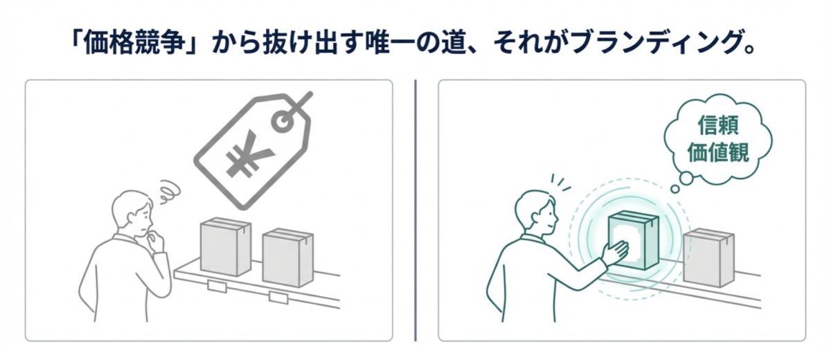 価格競争ではなく、信頼や価値によって選ばれる状態をつくるブランディングの重要性を示した図