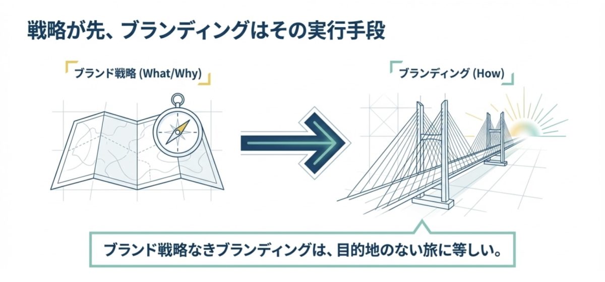 ブランド戦略（What/Why）とブランディング（How）の違いを示す図解｜戦略と実行手段の関係性