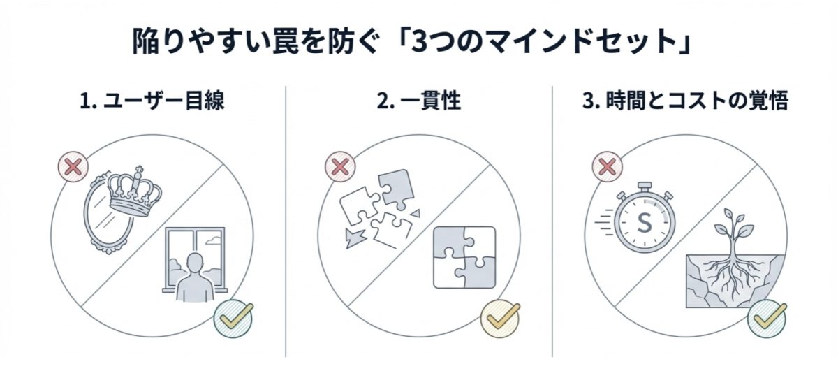 ブランディングで失敗を防ぐための3つの考え方（ユーザー視点・一貫性・長期視点）を示した図