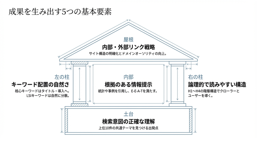 コンテンツSEOで成果を出すための5要素（検索意図理解・構造設計・根拠ある情報・キーワード配置・内部外部リンク）を家の構造で表した図