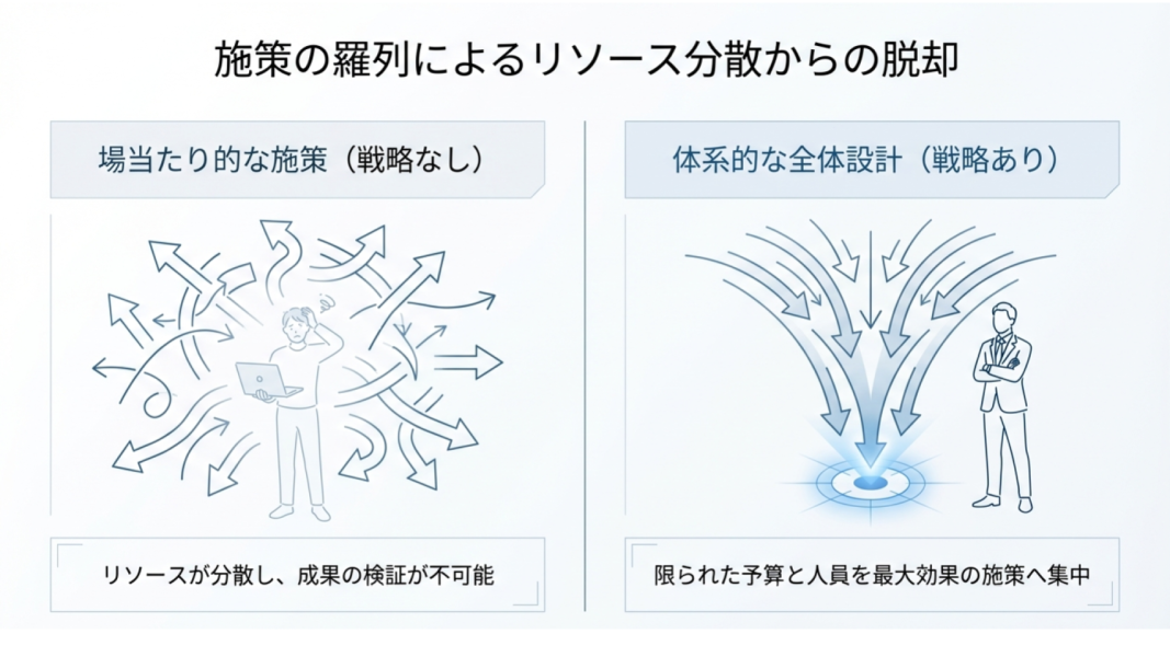 「施策の羅列によるリソース分散からの脱却」をテーマにしたビジネス戦略の比較図。左側の「場当たり的な施策（戦略なし）」では、矢印が四方八方に分散し、リソースの浪費と成果検証の困難さを描写。対照的に右側の「体系的な全体設計（戦略あり）」では、全ての矢印が一点に集約され、限られた予算と人員を最大効果の施策へ集中させる重要性を視覚的に示したフレームワーク資料。