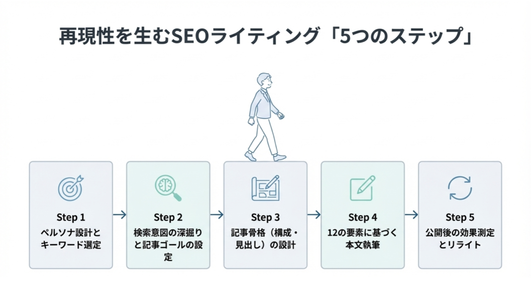 再現性のあるSEOライティングの5ステップを示したフロー図。ペルソナ設計とキーワード選定から始まり、検索意図の深掘り、記事構成の設計、本文執筆、公開後の効果測定とリライトまでの一連のプロセスを段階的に表している。