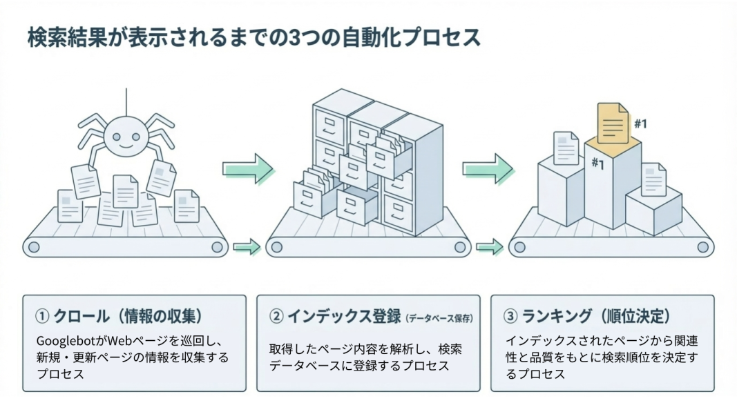 検索エンジンの仕組みを解説する図|クローリング・インデックス登録・ランキングの3プロセス
