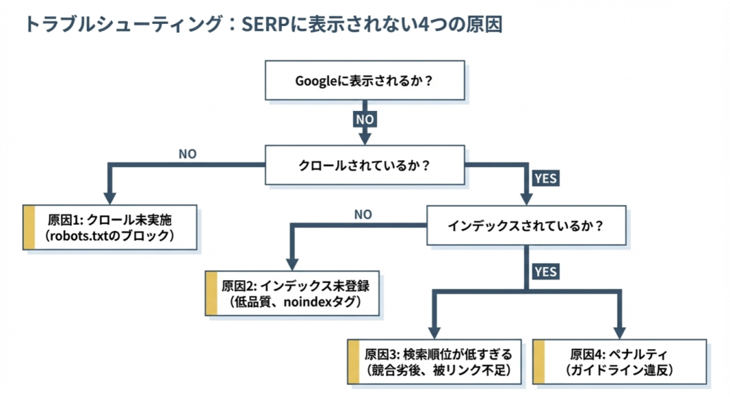 SEOトラブルシューティング図|検索結果に表示されない原因とクロール・インデックス・順位・ペナルティの関係