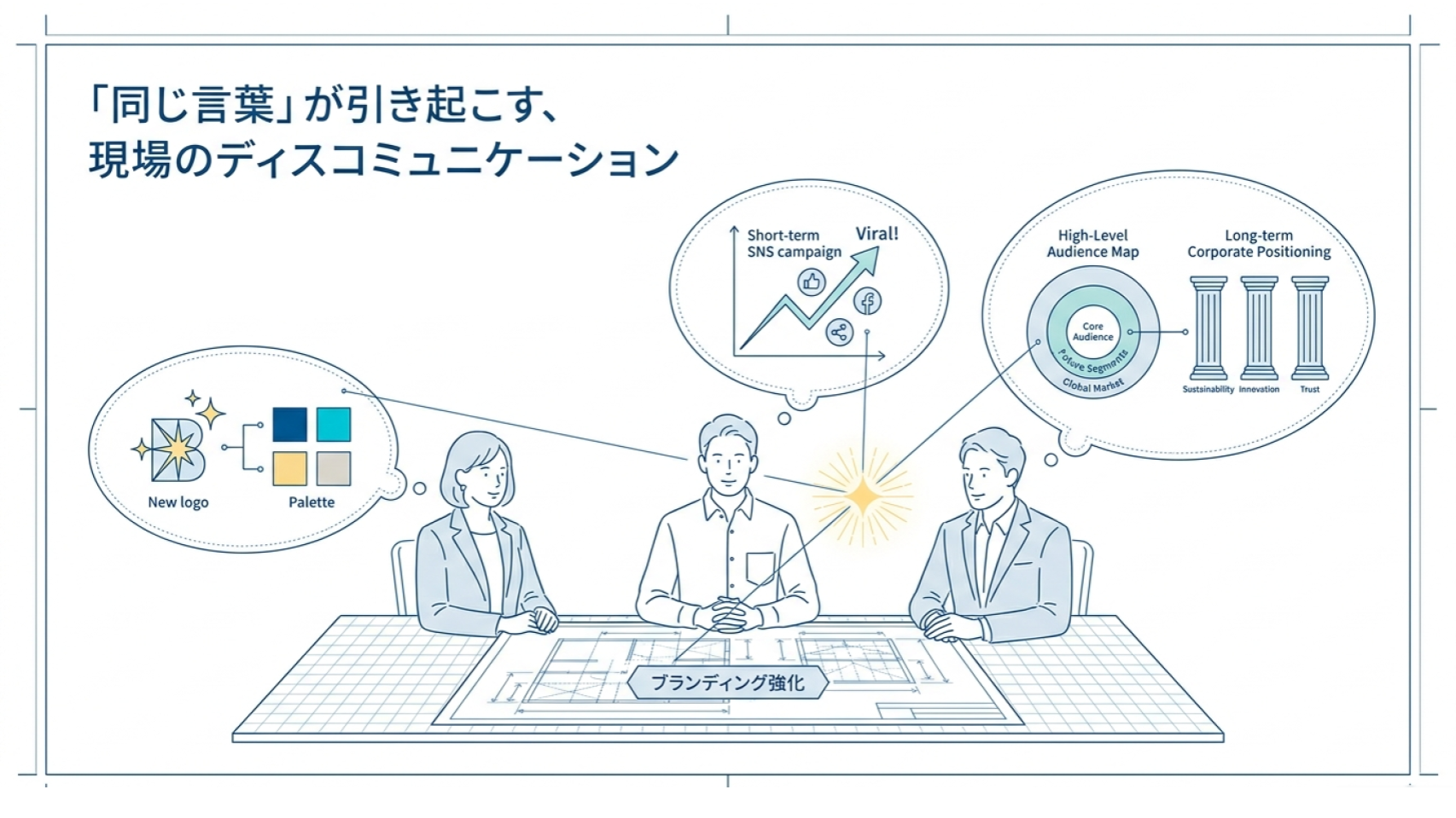 「同じ言葉」が引き起こす、現場のディスコミュニケーションを表したイラスト。ブランディング強化という同じテーマに対して、ロゴ・SNS施策・企業ポジショニングなど、担当者ごとに異なるイメージを持っている様子。