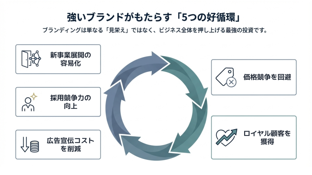 強いブランドが生む好循環（新規事業・採用・広告効率・価格競争回避・顧客ロイヤルティ向上）を示した図