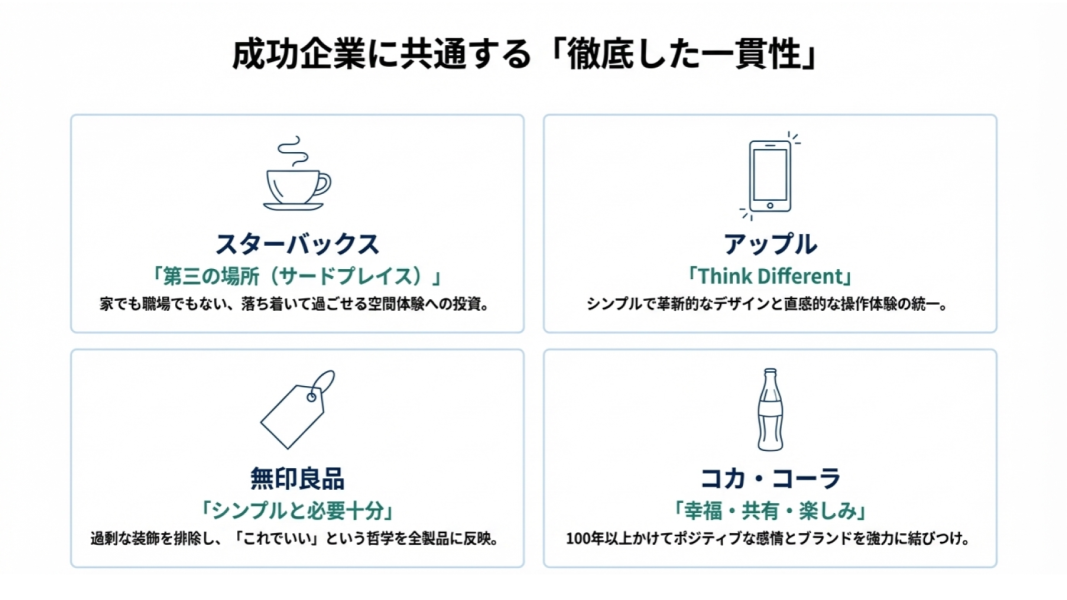 スターバックス・アップル・無印・コカコーラに見る一貫したブランドコンセプトの事例図