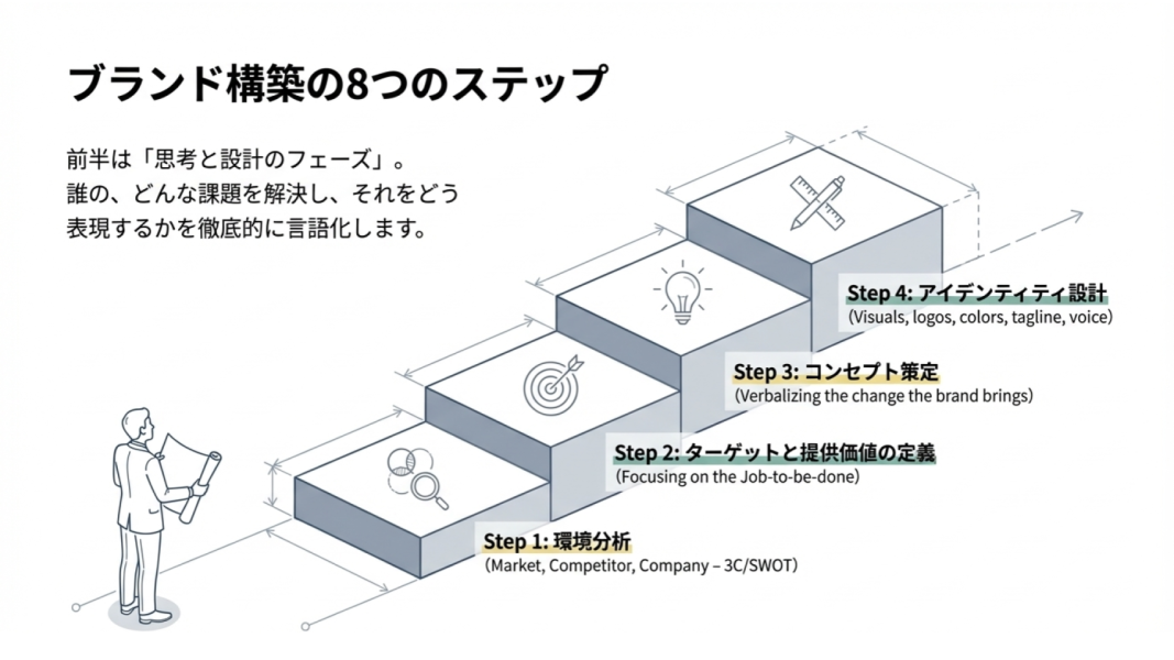 ブランド構築の初期4ステップ（環境分析→価値定義→コンセプト→アイデンティティ設計）を示す図