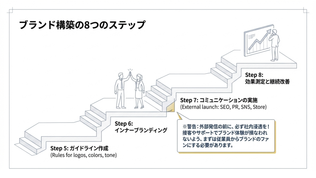 ブランド構築の後半4ステップ（ガイドライン→インナーブランディング→外部発信→効果測定・改善）を示す図