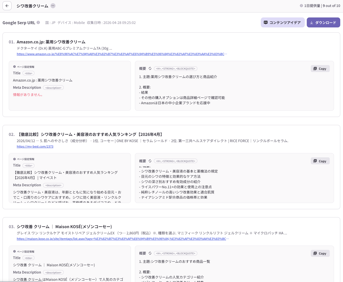 「シワ改善クリーム」の上位コンテンツ分析画面。検索上位ページのタイトル、メタ情報、見出し構成を確認し、共通して扱われている論点と不足している観点を把握できる。