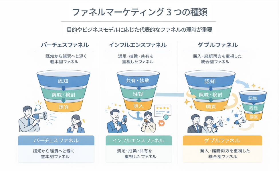 ファネルマーケティングの3種類（パーチェス・インフルエンス・ダブル）の違いと購買プロセスの図解