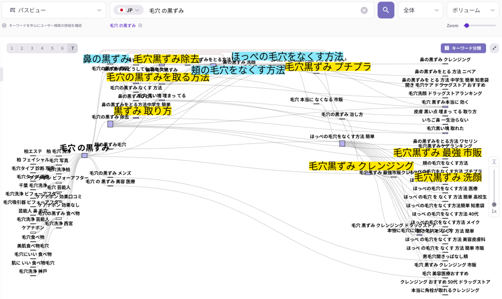 検索キーワード分析ツール「パスビュー」の操作画面。メインキーワード「毛穴の黒ずみ」を中心としたマインドマップ形式の関連キーワードマップが表示されています。