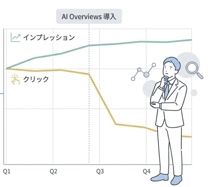 AI Overviews導入後、インプレッションは増加する一方でクリック数が大きく減少する「グレート・デカップリング」を示したグラフ