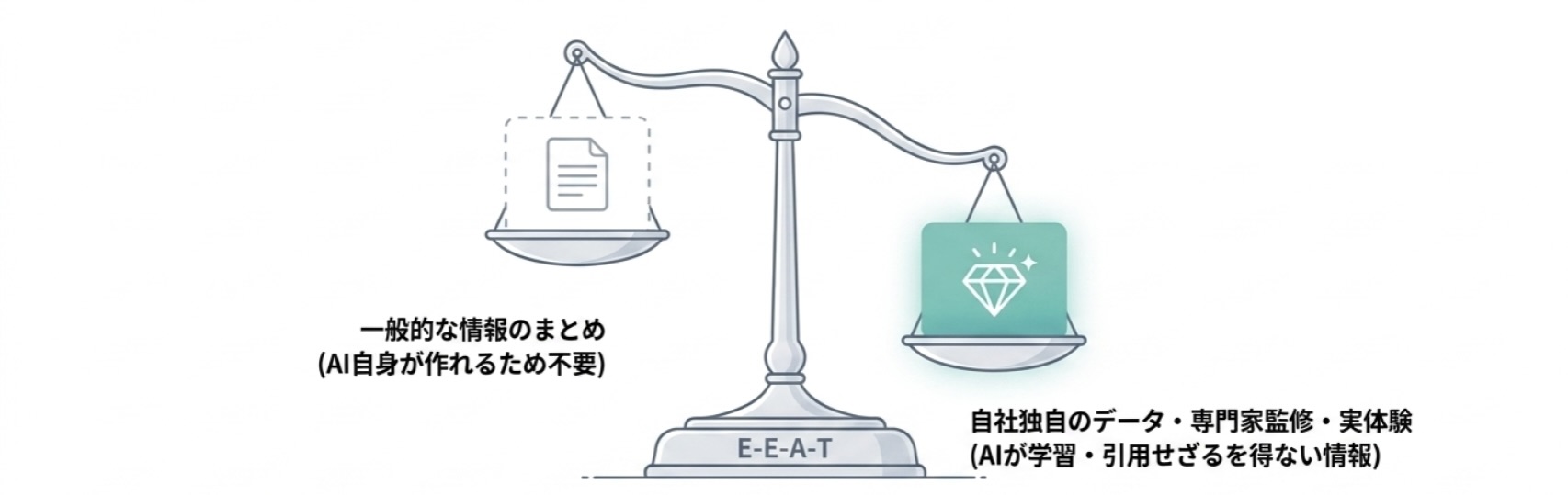 一般的な情報だけではなく、自社独自のデータ・専門家監修・実体験などの一次情報が重要であることを示した図。AEOでは、AIが引用しやすい独自性と信頼性が求められる。
