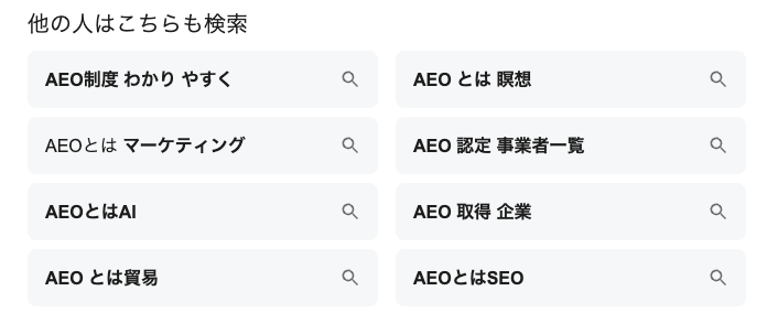 「AEOとは」で検索するユーザーが、SEO・GEO・LLMO・AIOなど関連概念へ検索を広げている様子を可視化した例。AEO単体ではなく、生成AI時代の検索最適化全体に関心が広がっていることがわかる。