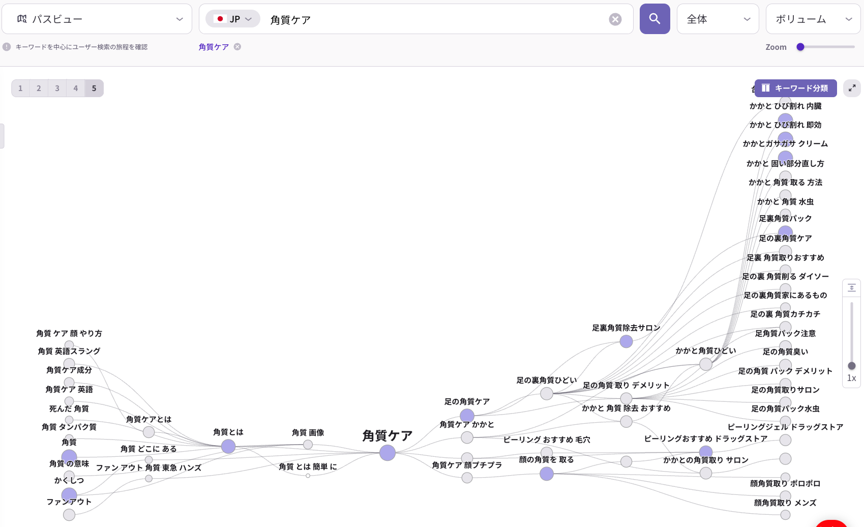 「角質ケア」に関する検索行動の流れを可視化したパスビュー画面。ユーザーが基礎理解から比較検討へ進む検索プロセスを表示