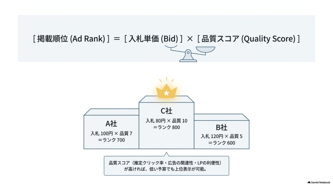 リスティング広告の広告ランクの算出イメージ。入札単価と品質スコアの掛け合わせで掲載順位が決まることを示した図